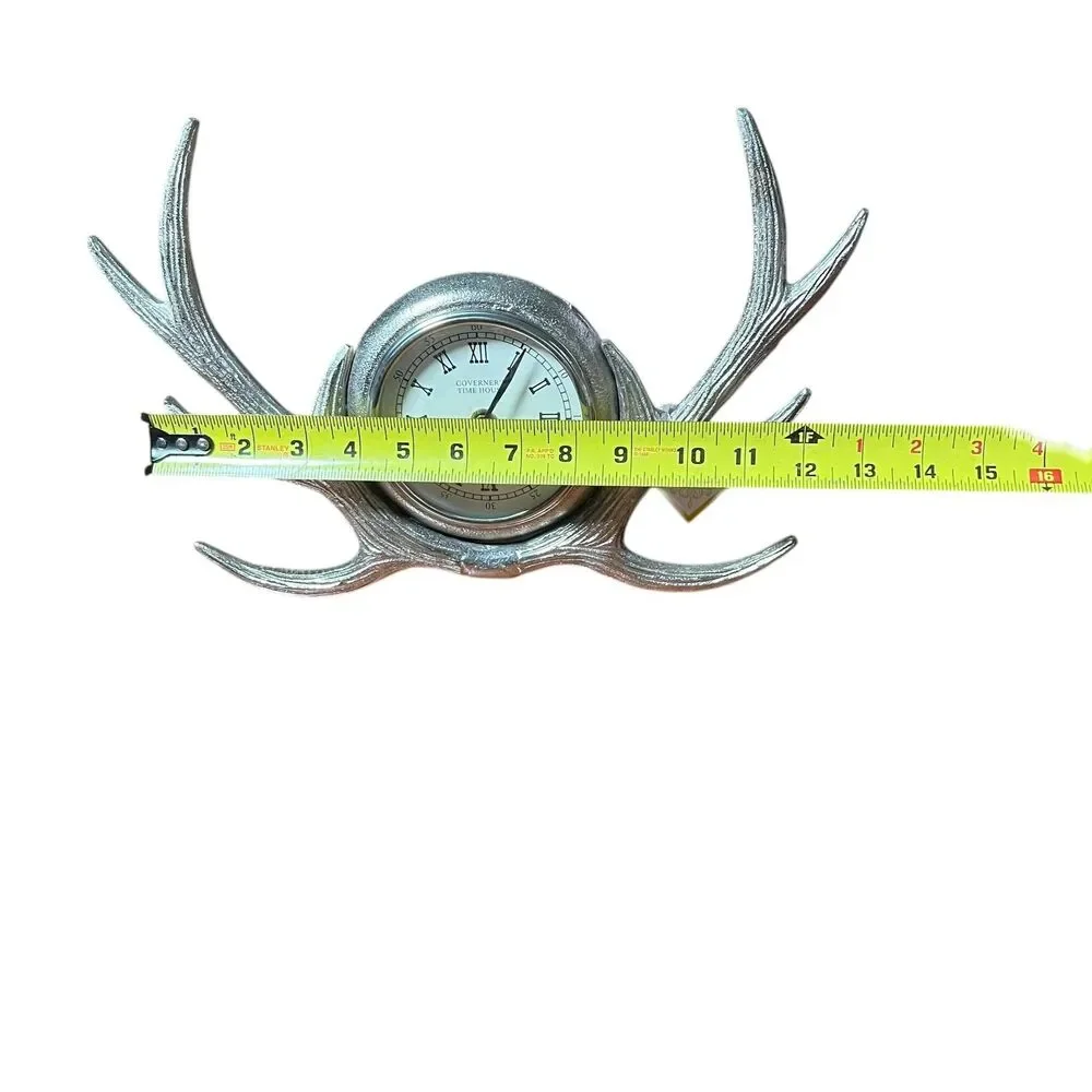 Governer's Time House Antler Mantel Clock Silver Metal Quartz Lodge Decor India